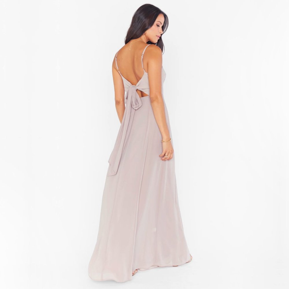 Show Me Your Mumu Lauren Tie Back Dove Grey Chiffon Bridesmaid Maxi Dress - Picture 4 of 16